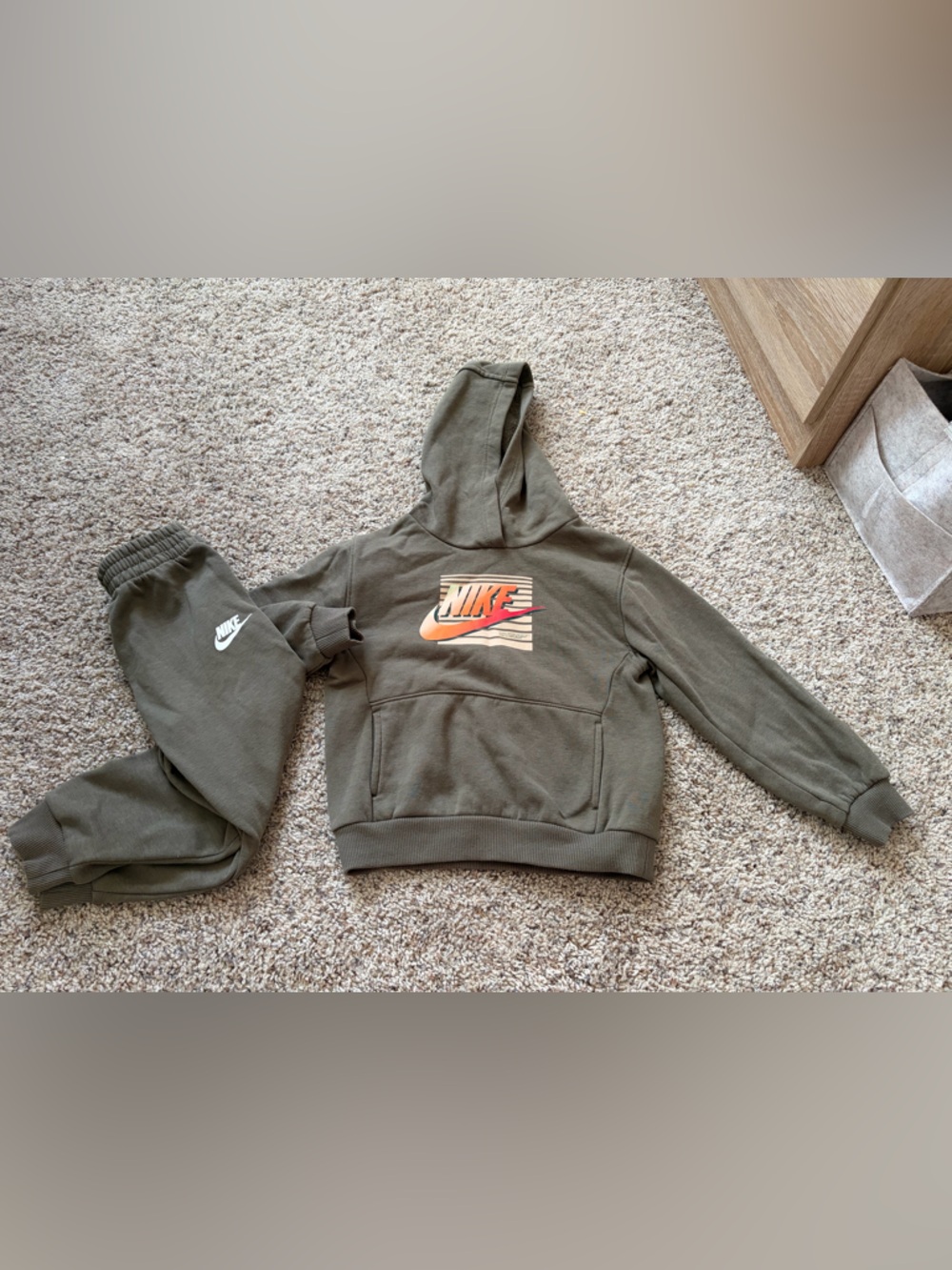 Nike Olive Green Pullover Hoodie with Orange Gradient Swoosh